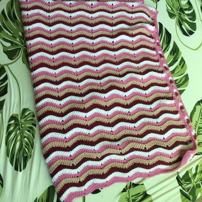 Afghan throw blanket hand knit 48x60 Vintage. Pink & Brown , Chevron Wave-image