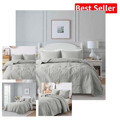 Lightweight Damask Quilt King Size Bedding Set - Cozy Farmhouse Style Coverlet-image