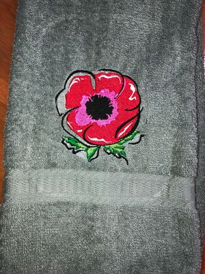 Embroidered GRAY Bathroom Hand Towel  Red Poppy Flower  Memorial Day HS1910-image