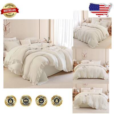 2 Piece Beige Ruffled Twin Comforter Set - Cozy and Elegant Microfiber Bed Set-image