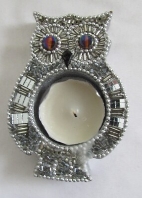 Pier 1 Imports Small Mirrored & Beaded Owl Tea Light Candle Holder-image