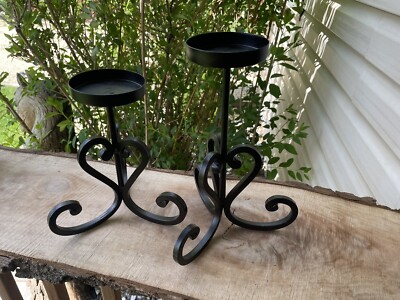 2 Pier 1 Imports Black Wrought Iron Pillar Candleholders 9.5” & 12” Decor-image