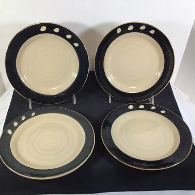 Pier 1 Imports White Blossom Beige Tan Stoneware Black Rim Salad Plates Lot of 4-image