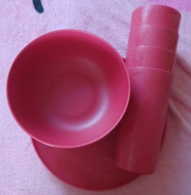 12 pcs Mainstays Plastic Dinner Plates,Cereal Bowls &Tumblers Etched Holiday red-image