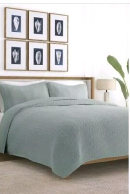 Becky Cameron Super Soft Quilt Set Full/ Queen 3 Pcs Green Floral Stitch -image