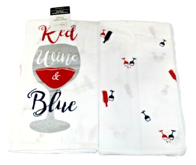 2 Red Wine Blue Flour Sack Towel Mainstays Glass Partriotic July 4 Party-image