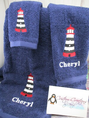 Lighthouse Nautical Striped Personalized 3 Piece Bath Towel Set Color Choice -image