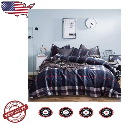 Oversized Navy Plaid Comforter Set for California King - Modern Farmhouse Style-image