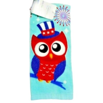 Patriotic Owl Fireworks Kitchen Towel Holiday Bird Red White Blue on Teal NEW-image