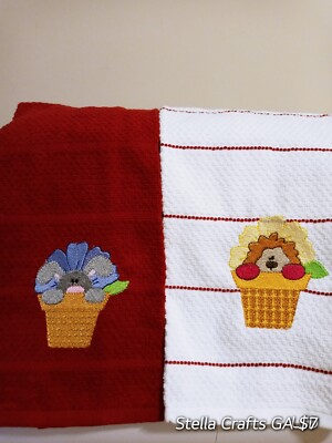 Kitchen towels White/ Red stripes and Red color with a cute embroidery 2-image