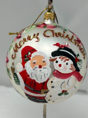 Pier 1 Imports European Glass Ornament Romania Handpainted Santa Snowman 2015-image