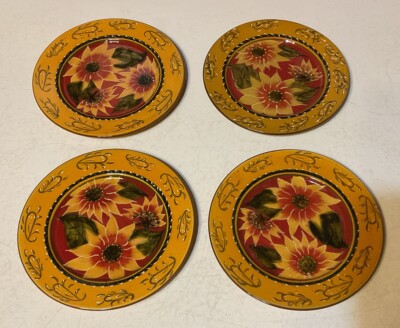 Set Of 4 Pier 1 Imports Sunflower Salad Plates Hand Painted Terracotta 8.25”-image