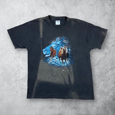 Vintage 90s Horse Nature Graphic Faded Black T-Shirt Size XL-image