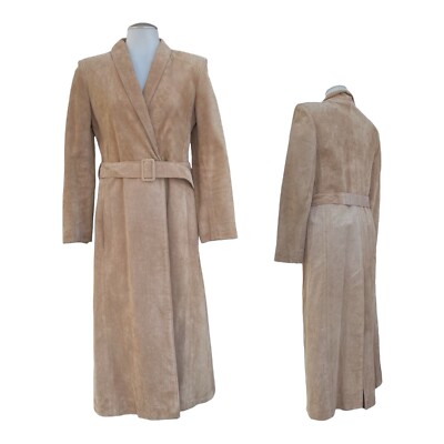 Vintage 90s NETO Womens S M Suede Leather Trench Coat Long Belted Boho BEIGE EVC-image