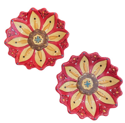 2 Pier 1 Imports CARYNTHUM 8” Salad Dessert Plate Flower Red Yellow Green EUC-image