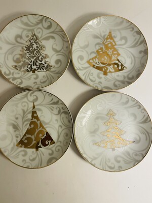 Pier 1 Imports Set Of 4 Gold Christmas Tree Porcelain Dessert Appetizer Plates-image