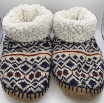 MUK LUK Bootie Slippers, Navy, Red & Cream, Faux Fur Cuff, Rubber Bottom, L 9-10-image