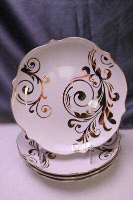 Pier 1 Imports ELEGANT SCROLL 4 Salad Plates White Gold Holiday Swirl Design-image