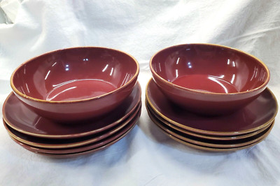 Y2K Pier 1 Lot of Stoneware Kyoto Burgundy Br Drip Rim 8 Salad Plates 2 Bowls 7
