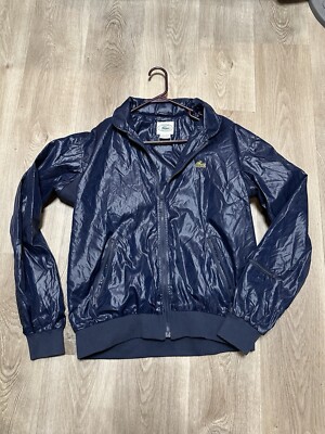 Vintage Izod Lacoste Blue Bomber Jacket Windbreaker w/ Packable Hood Size Large-image