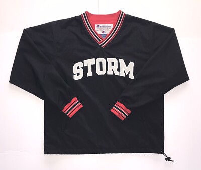 VINTAGE CHAMPION Jacket Mens M Black 90s Storm Pullover Windbreaker Lined V-Neck-image