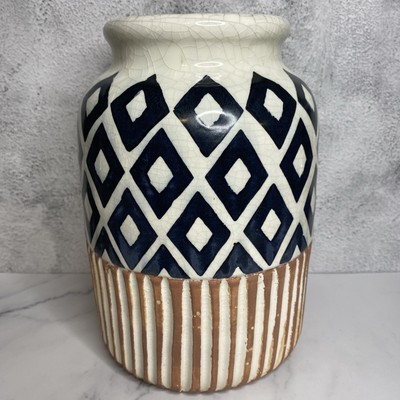 Vtg Pier 1 Imports Hand Painted Vase Crackled Glaze Geometric Design 9” x 6” EUC-image