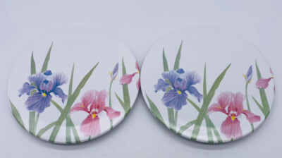  2 Vintage Melamine Round Watercolor Iris Floral Trivits Design Imports Ltd -image
