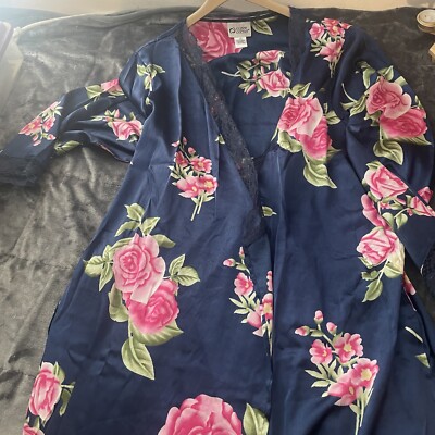 Cozee Corner 2XL Nightgown & Robe/Belt Navy Blue Floral Silky Soft-image