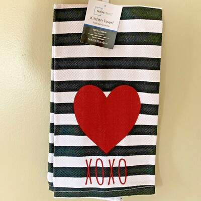 XOXO Big Red Heart Black White Stripe Kitchen Tea Towel MAINSTAYS New nwt ❤️tb55-image