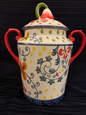 Pier 1 Imports Stoneware Ceramic Spring Paisley Floral Design Handles Canister-image