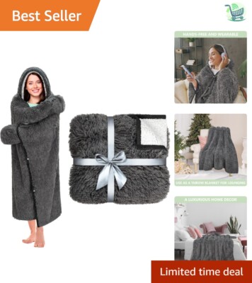 Dark Grey Wearable Sherpa Fleece Throw Blanket Hoodie for Cozy Comfort 52