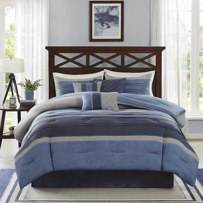ULTRA SOFT PLUSH WARM COZY BLUE GREY NAVY MODERN STRIPE COMFORTER SET & PILLOWS-image