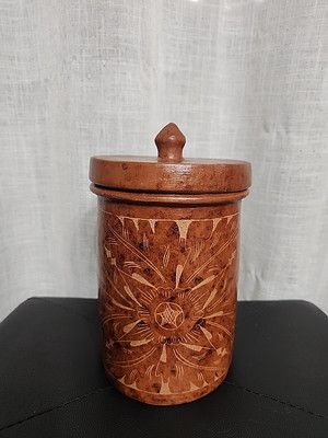 Hand Made Indonesian Sasak Pottery ~Pier I~Etched Terracotta Canister w/Lid-image