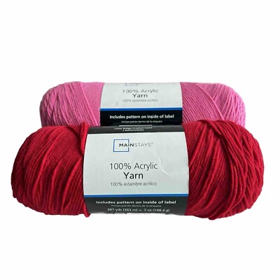 Mainstays 100% Acrylic Yarn 1 Red 1 Pink 4 Ply Worsted 7oz Set Of 2 Skeins Lot-image