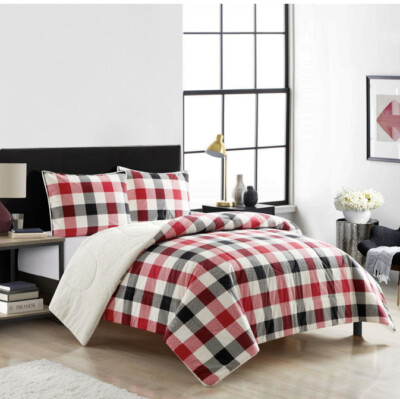Mainstays FULL/QUEEN Reverse to Sherpa Flannel Comforter Set • Red/Black Plaid-image