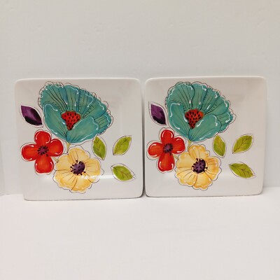 Pier 1 Imports Hand Painted Brittany Square Salad Plates Set of 2 Springtime-image