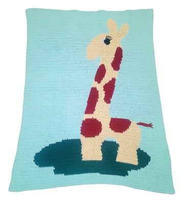 Vintage Hand Knit Crochet GIRAFFE Blanket Green Yellow Brown 54