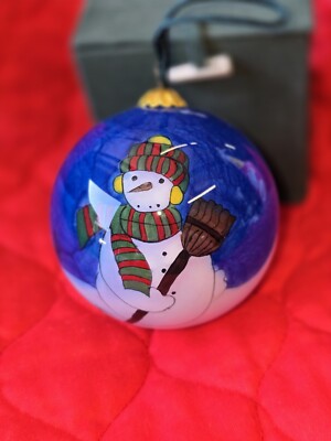 2008 Pier 1 Imports snowman Design Glass Christmas Ornament W/ Box-image