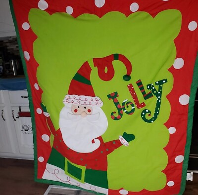 Appliqued Quilt Santa Green Red White Christmas Holiday Children Blanket 50 x 60-image