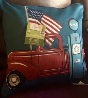New Patriotic Red Truck  & USA Flag Throw Toss Pillow 18x18-image