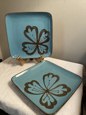 Pier 1 Hibiscus Salad Plates Set Of 2, 8 3/4” Teal With Brown Flower-image
