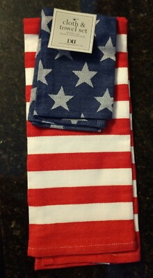 NEW NWT DII Design Imports Patriotic Stars & Stripes Kitchen Cloth & Towel Set-image