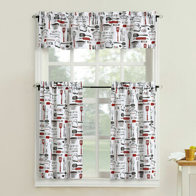 Bistro Valance & Tiers Kitchen Cafe Curtain Set Black White Gray Red Or Blue-NEW-image