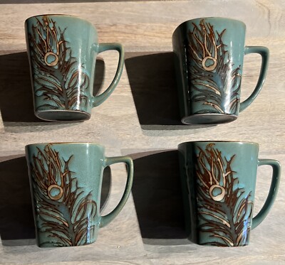 Pier 1 Imports Peacock Hand Painted Set Of 4 Coffee Tea Mug Cup Green Ceramic-image
