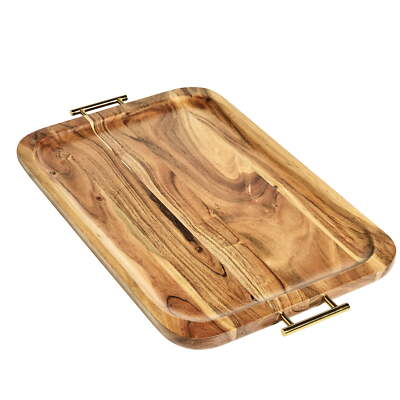 Better Homes & Gardens- Acacia Wood Rectangle Tray with Gold Color Handles-image