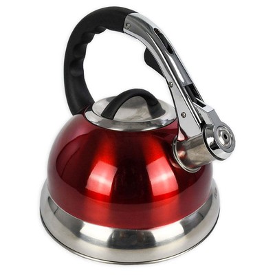 Mainstays 3 Liter Whistling Tea Kettle Stainless Steel Red Removable Lid Durable-image