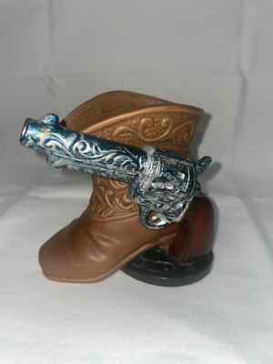 Napco Ware Ceramic Cowboy Boot W/ Gun Pistol Decoration Numbered Planter Import-image