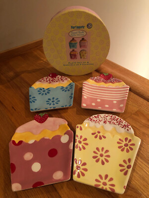 Pier 1 Imports Sweet Tooth Notes Sucrees Cupcake Desert Plate Set of 4 Hat Box-image