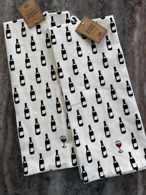 NWT-Set of 2- Wine Bottle/Red Wine Glass Pattern Tea Towels/Kitchen Towels-image