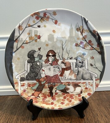 Pier 1 Lazy Sunday Pups Plate 9” New York Central Park Fall Dog New With Tag -image